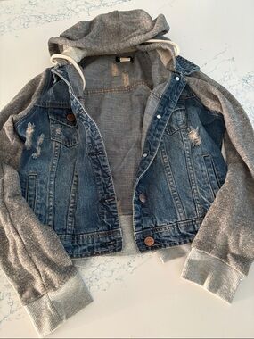 VENUS Blue Denim Jean Jacket with Gray Knit Hood & Sleeves